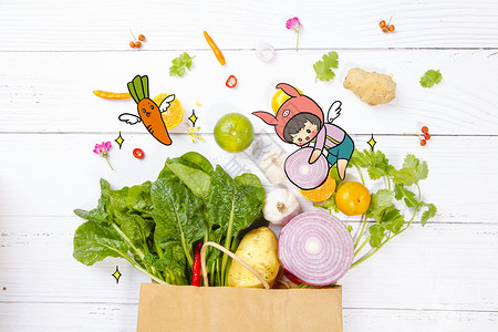 健康素食创意缤纷蔬菜和卡通猪猪插画
