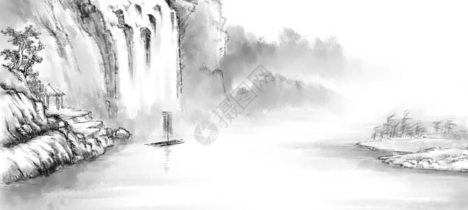 黑白瀑布水墨山水插画