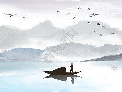 渔夫矮人水墨背景设计图片