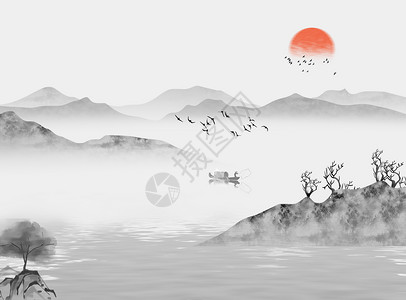 水墨背景中国风山水渔翁高清图片
