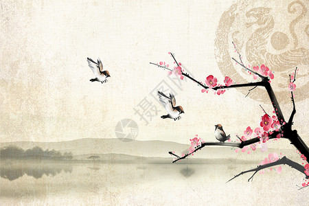 鸟水中国风水墨背景设计图片