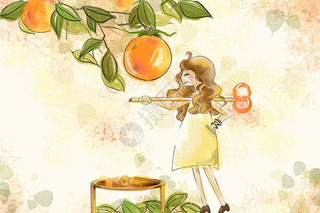 小女孩打柿子霜降插画