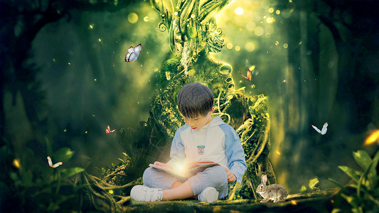 小男孩浇树儿童书中的世界设计图片