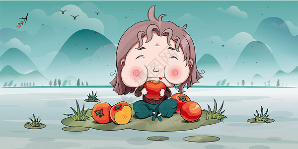 柿子红了霜降时节吃柿子插画