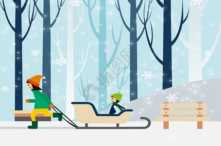 游客游玩冬季运动拉雪橇插画