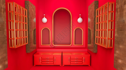 中国风柜子红色促销场景设计图片