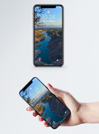 蓝色的水山顶风景手机壁纸模板