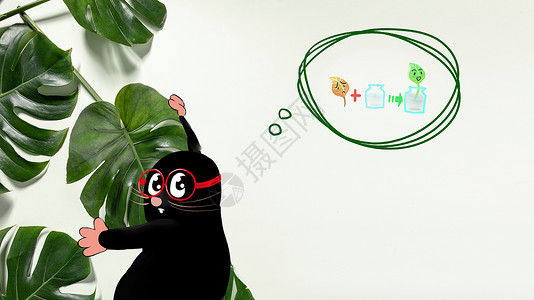 黑色手绘树叶鼹鼠与绿植插画