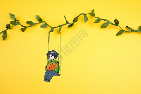 绿色树枝藤蔓荡秋千的小姑娘插画