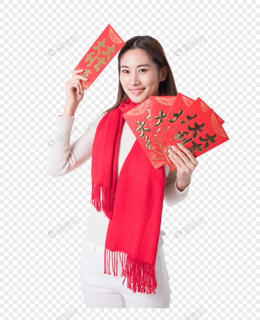 新年女性手拿红包图片