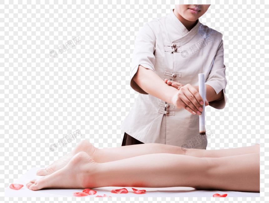 美容养生技师给腿部艾灸图片