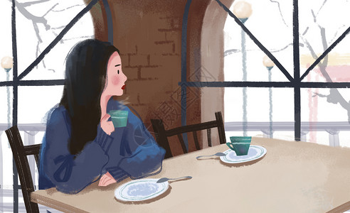 清新下午茶时光喝咖啡的女孩插画