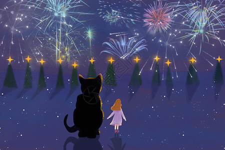 新年晚会邀请函看烟花的女孩和猫插画