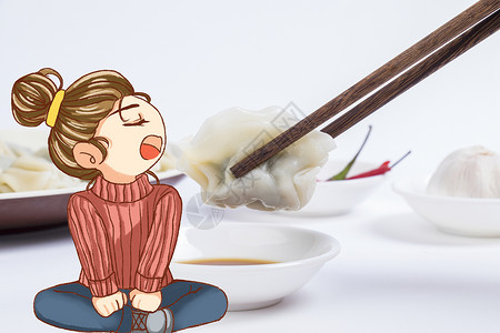 吃东西手绘张嘴吃饺子的女孩插画