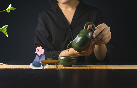 瓷质茶碗茶具与茶道插画