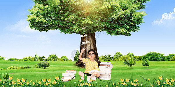 小男孩浇树儿童梦幻知识世界设计图片