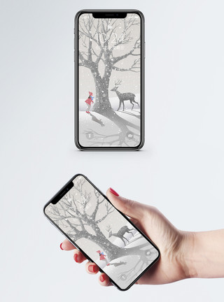 雪地里的脚印雪地里的鹿和女孩手机壁纸模板