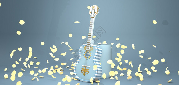 淡蓝色插画唯美吉他场景设计图片