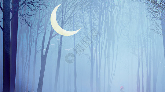 夜晚骑行者森林里的月亮设计图片