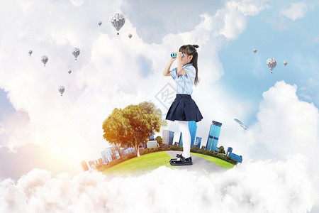 梦幻飞船浮城遥望远方的女孩设计图片