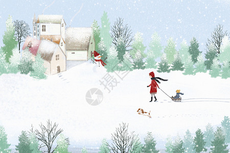冬天插画房屋雪橇场高清图片