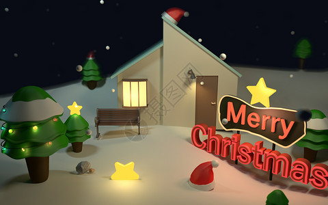 房子和圣诞树圣诞雪夜设计图片