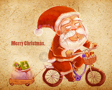 老人骑自行车的图片圣诞老人插画