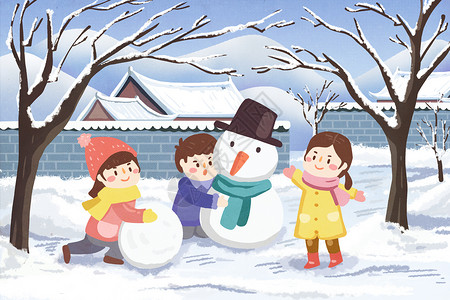 小孩堆雪人冬天小伙伴堆雪人插画