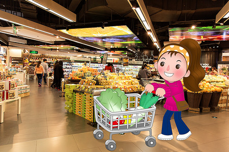 商场女性逛超市购物插画