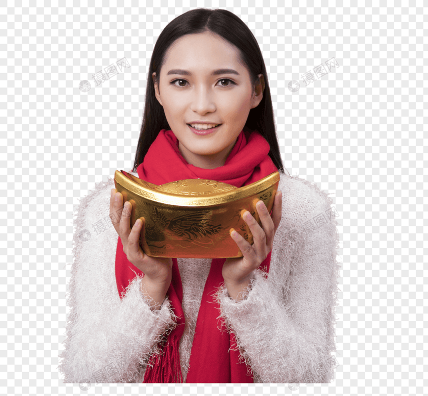 拿着金元宝的女性新年人图片