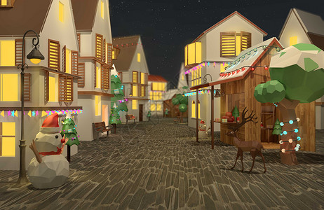 插画小镇圣诞街景设计图片