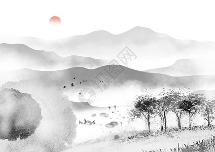 冬季落日水墨中国风设计图片