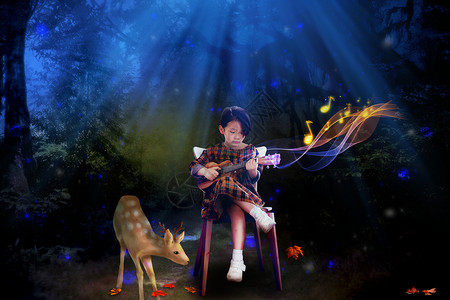 森林音乐听女孩弹吉他的动物设计图片