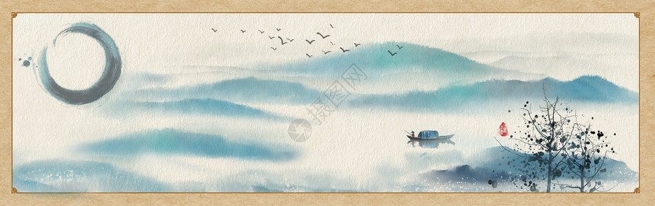 古风卷轴寒江山水图设计图片
