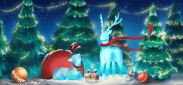 卡通树林鹿圣诞节麋鹿礼物插画
