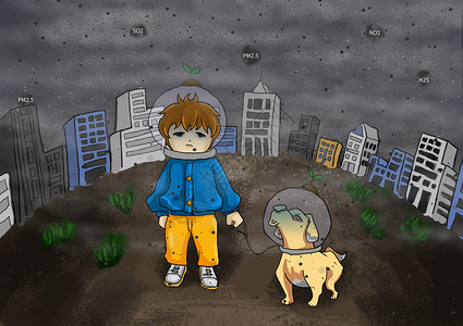 5岁男孩窒息的城市插画