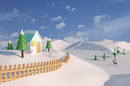 雪地房子阳光下的雪景设计图片