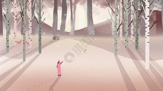 发光鹿冬天的森林插画