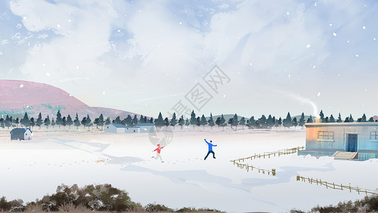 丢雪球的女孩冬日雪景插画