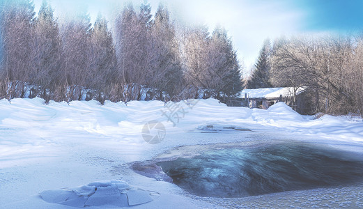 丛林小屋冬季雪景设计图片