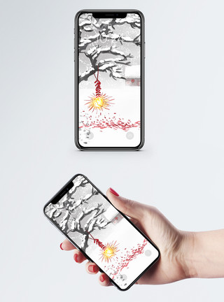 过年雪景水墨中国风春节手机壁纸模板