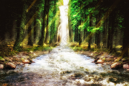 流水瀑布梦幻唯美森林设计图片