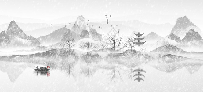 冬季雪景山水偏红色调高清图片