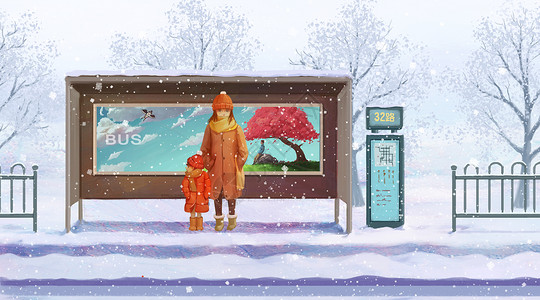 寒冷孩子冬季站台插画