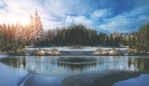 湖畔风景冬季雪景设计图片