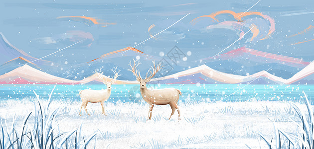 雪地里的鹿唯美冷色调治愈冬天风景插画高清图片