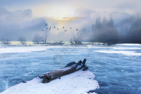 雪野湖冬天冰河设计图片