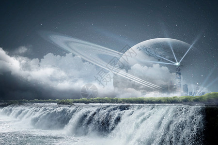 瀑布光效科幻星球场景设计图片