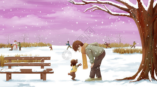 贵宾泰迪冬季雪地户外插画
