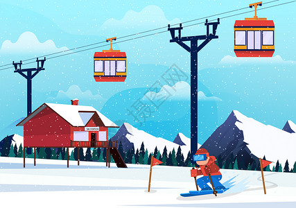 雪山缆车时尚简约冬季景色户外滑雪插画